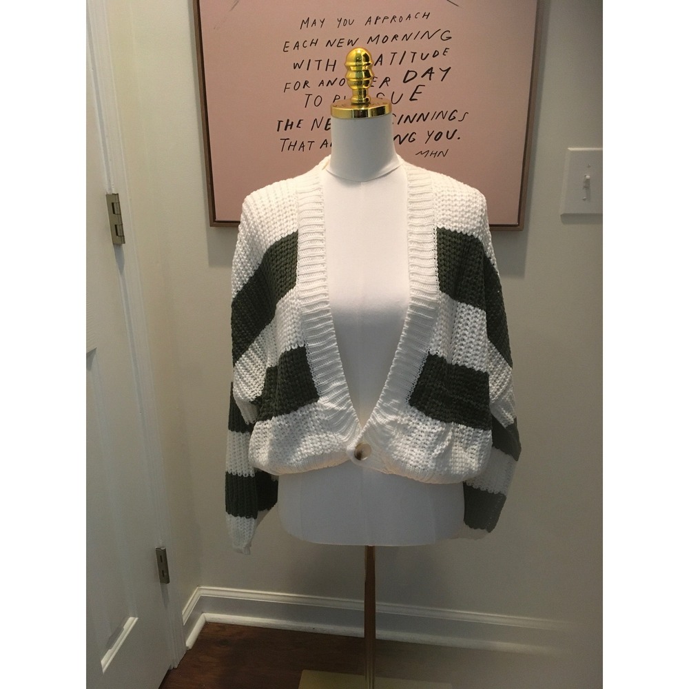 Miracle Fashion Striped Chunky Knit Cropped Cardigan White Olive Green 1943# M/L